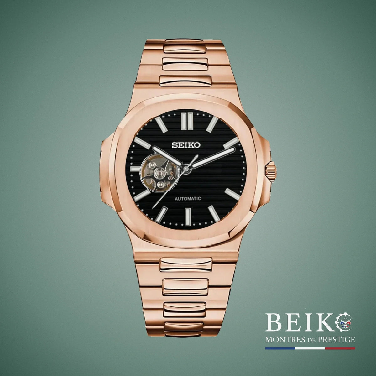 Seiko Mod Nautilus, cœur ouvert boîtier or rose noir — montre automatique NH35, verre saphir, boîtier acier, Beiko