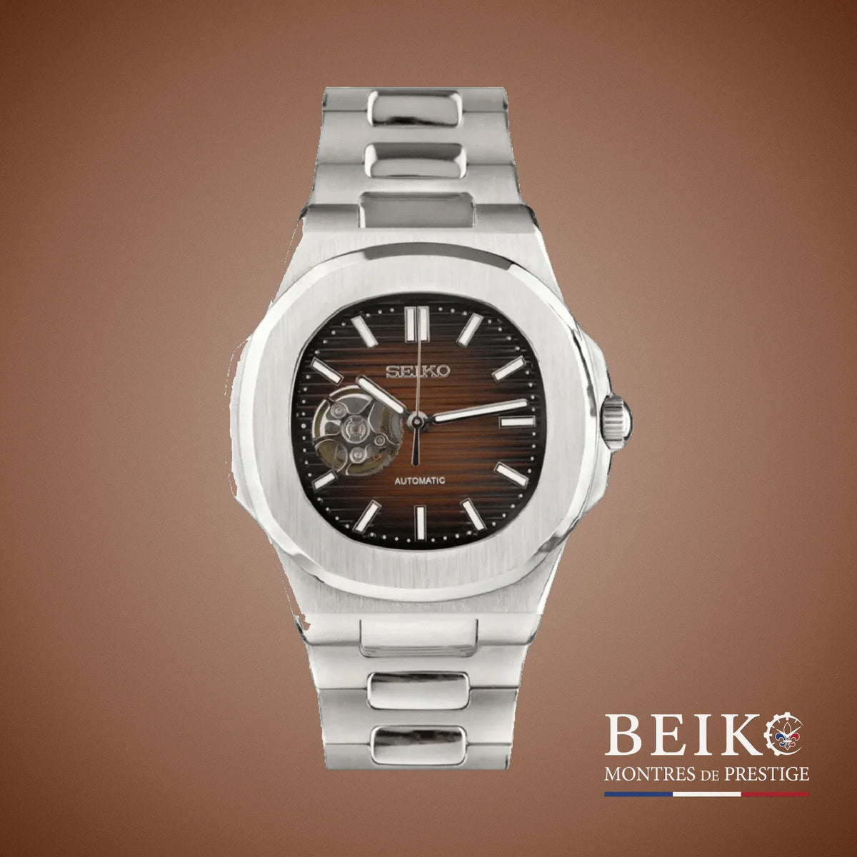 Seiko Mod Nautilus, cœur ouvert chocolat — montre automatique NH35, verre saphir, boîtier acier, Beiko