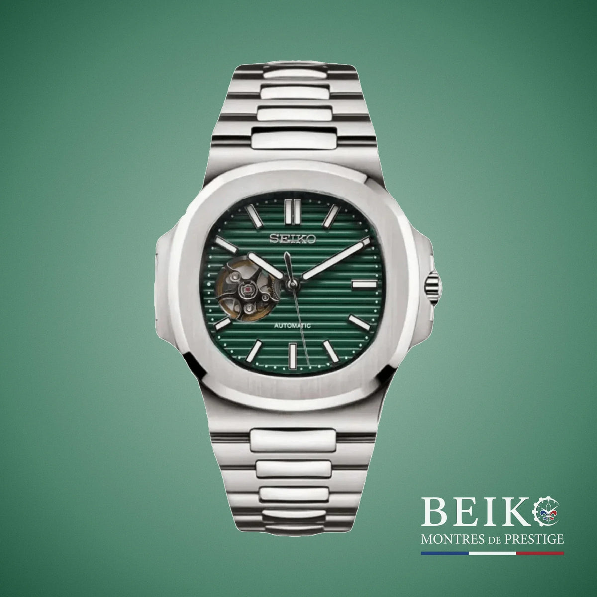 Seiko Mod Nautilus, cœur ouvert vert — montre automatique NH35, verre saphir, boîtier acier, Beiko