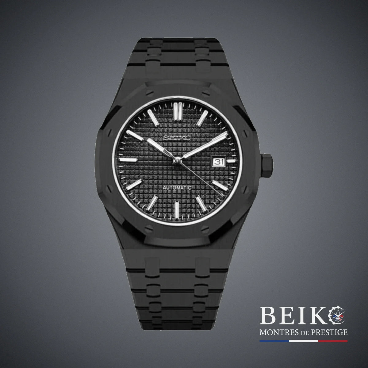 Seiko Mod Royal Oak, boîtier et cadran noir tapisserie noir — montre automatique NH35, verre saphir, boîtier acier, Beiko