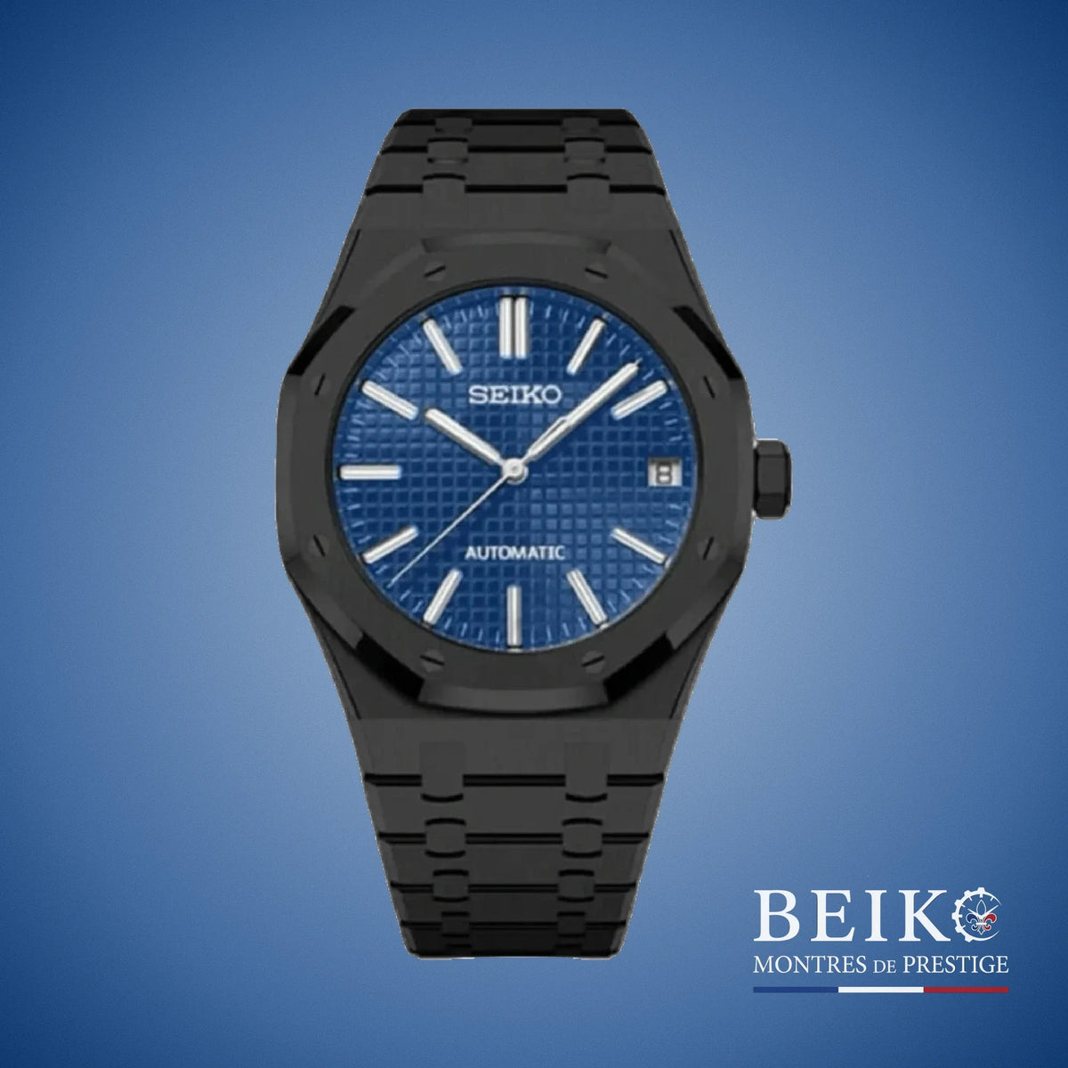 Seiko Mod Royal Oak, boîtier noir cadran tapisserie bleu — montre automatique NH35, verre saphir, boîtier acier, Beiko