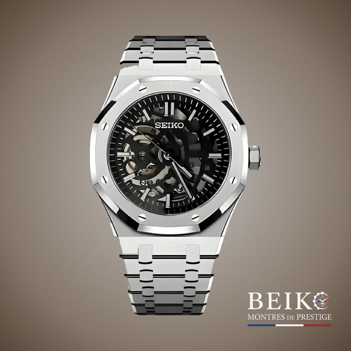 Seiko Mod Royal Oak, cadran squelette argent — montre automatique NH35, verre saphir, boîtier acier, Beiko