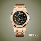 Seiko Mod Royal Oak, cadran squelette boîtier or rose — montre automatique NH35, verre saphir, boîtier acier, Beiko