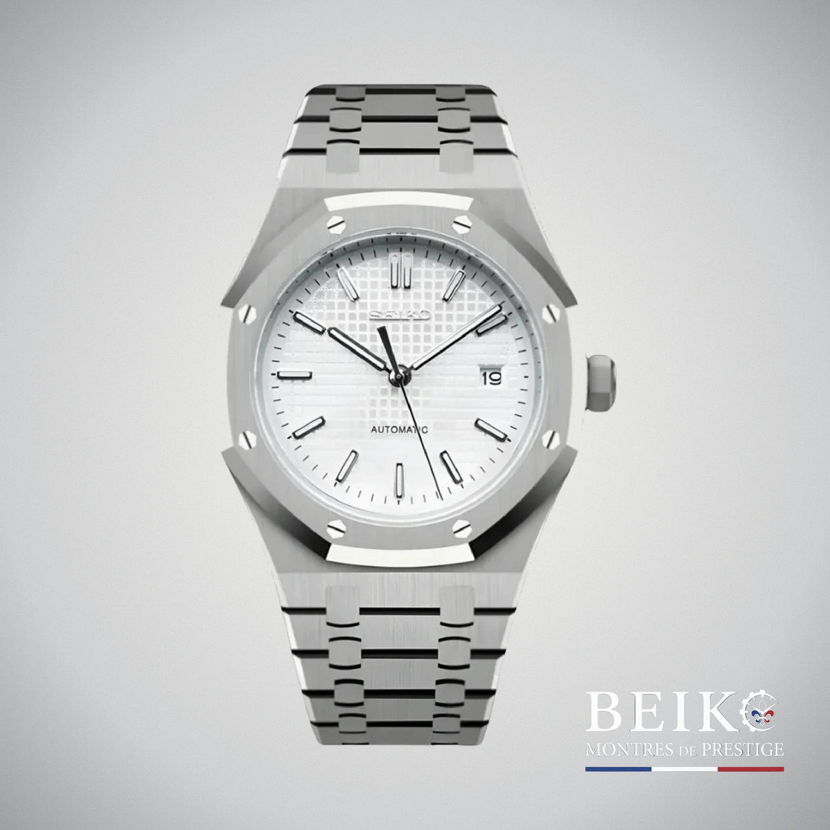 Seiko Mod Royal Oak, cadran tapisserie blanc — montre automatique NH35, verre saphir, boîtier acier, Beiko