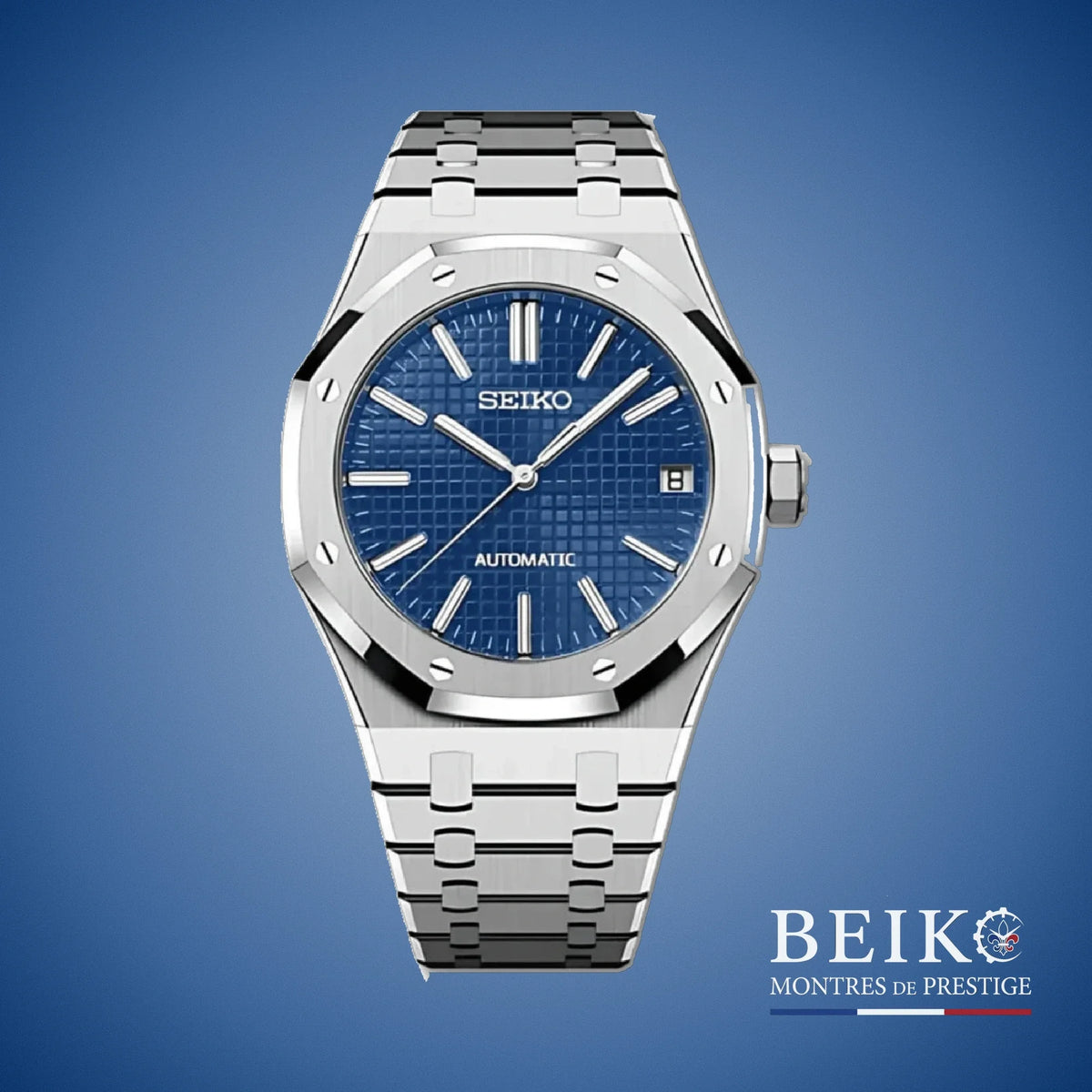 Seiko Mod Royal Oak, cadran tapisserie bleu nuit — montre automatique NH35, verre saphir, boîtier acier, Beiko