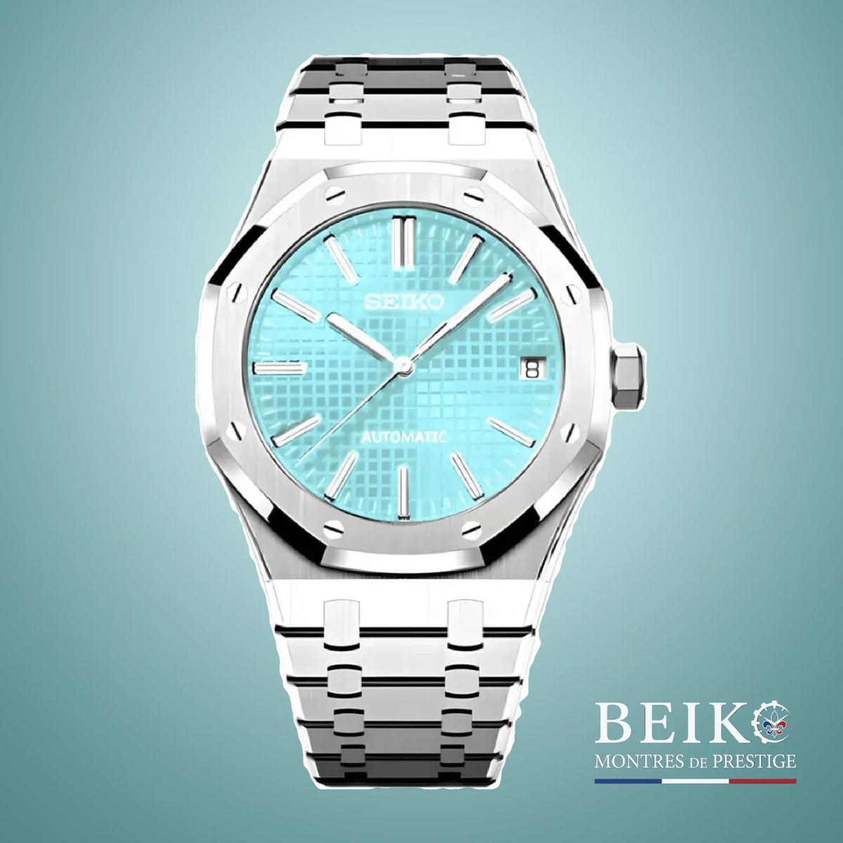 Seiko Mod Royal Oak, cadran tapisserie bleu Tiffany — montre automatique NH35, verre saphir, boîtier acier, Beiko