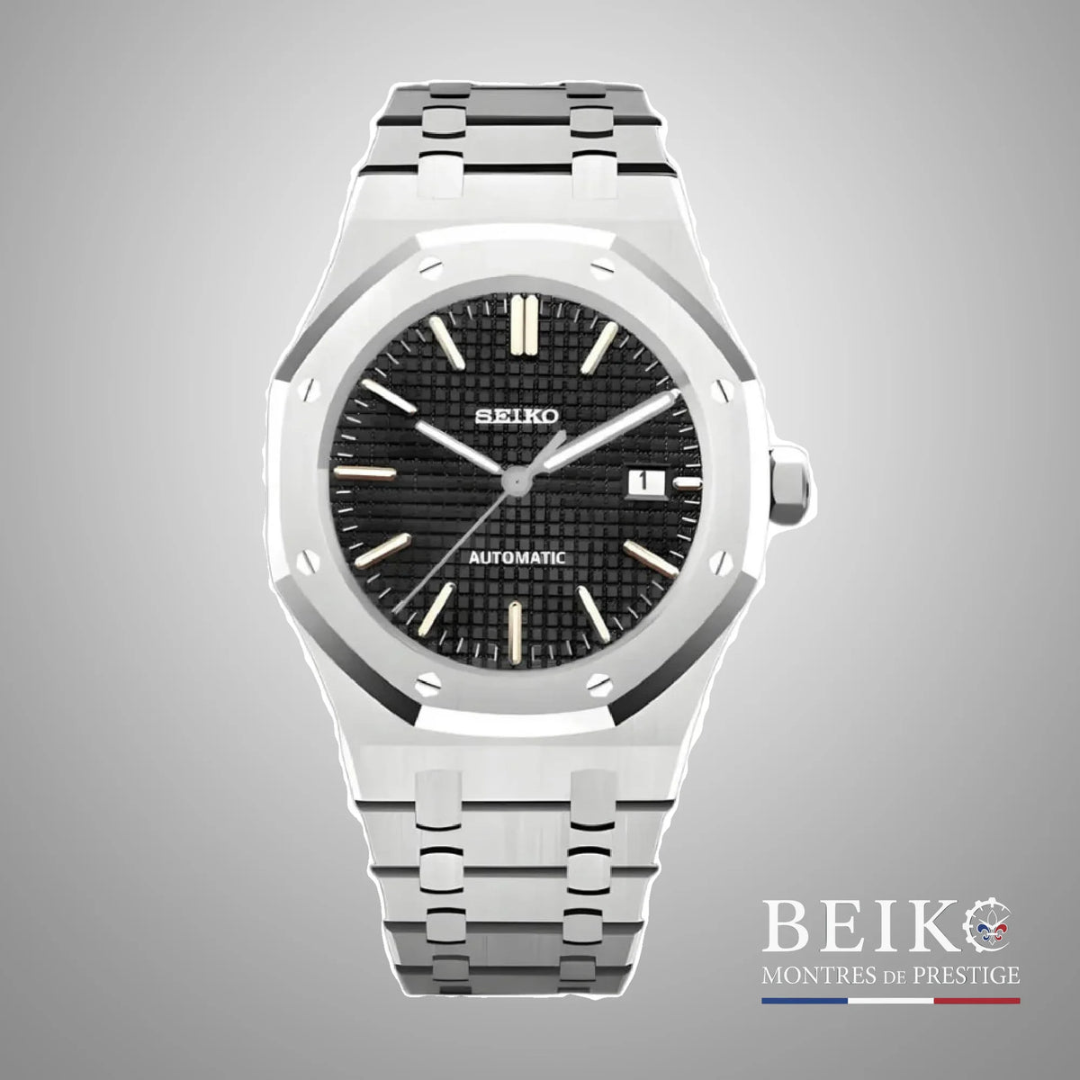 Seiko Mod Royal Oak, cadran tapisserie noir — montre automatique NH35, verre saphir, boîtier acier, Beiko