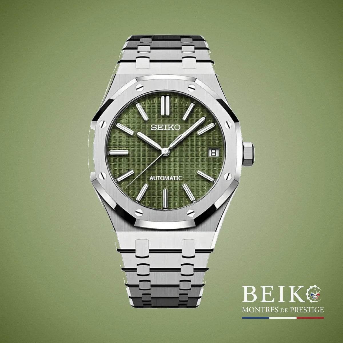Seiko Mod Royal Oak, cadran tapisserie vert kaki — montre automatique NH35, verre saphir, boîtier acier, Beiko