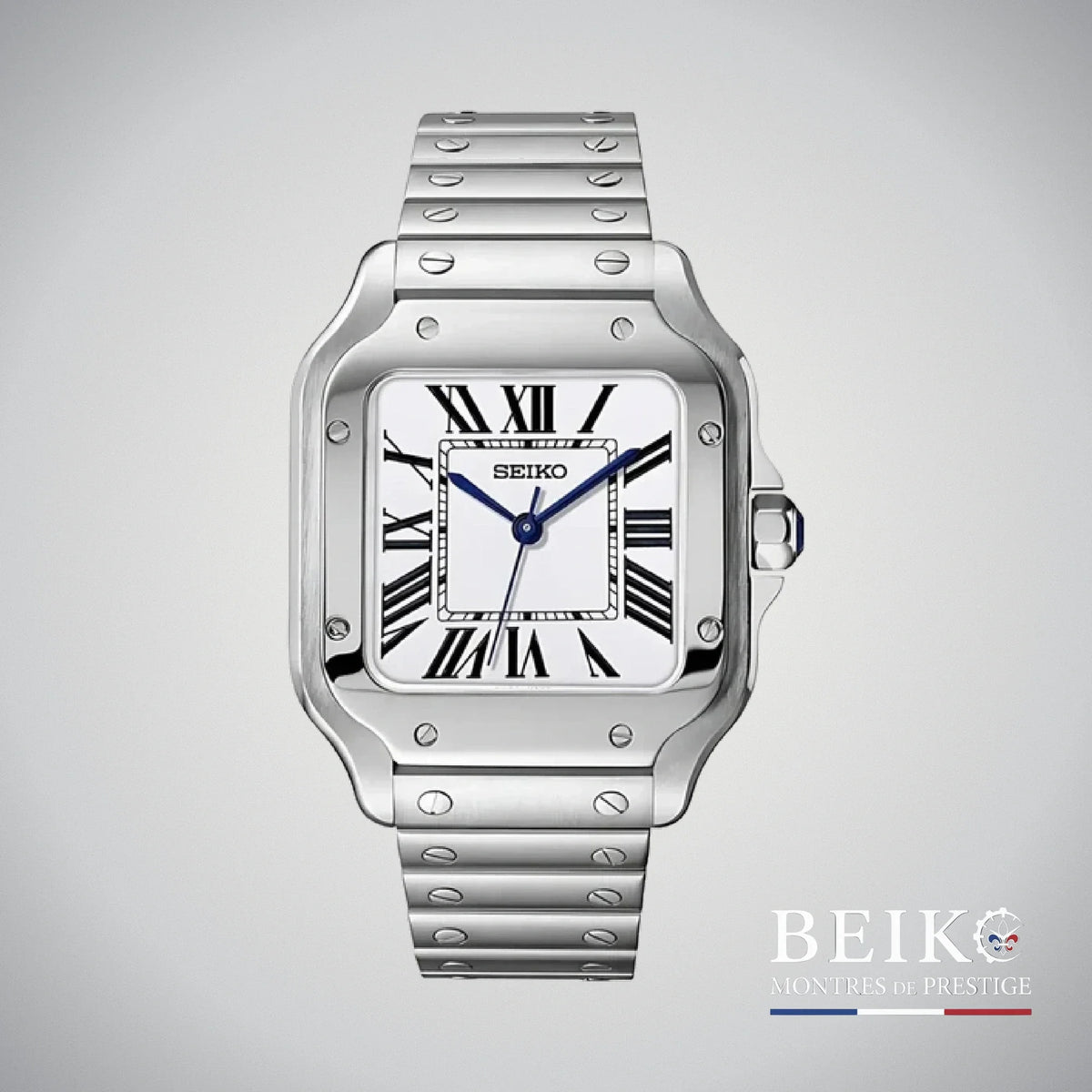 Seiko Mod Santos, boîtier carré acier blanc — montre automatique NH35, verre saphir, boîtier acier, Beiko