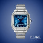 Seiko Mod Santos, boîtier carré acier bleu nuit — montre automatique NH35, verre saphir, boîtier acier, Beiko