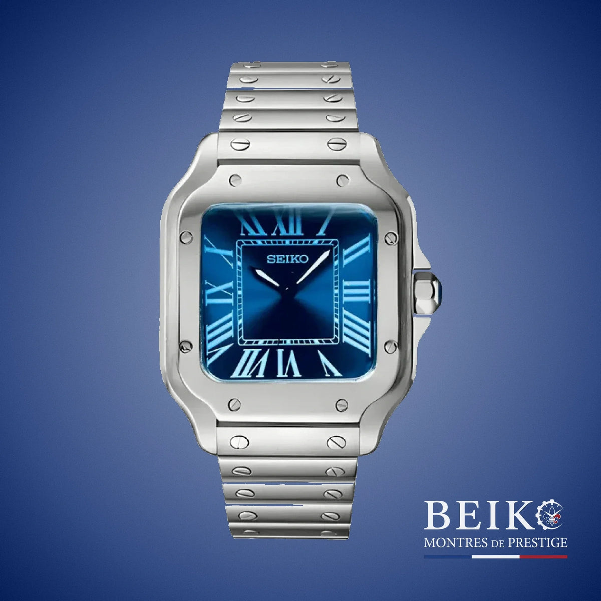 Seiko Mod Santos, boîtier carré acier bleu nuit — montre automatique NH35, verre saphir, boîtier acier, Beiko