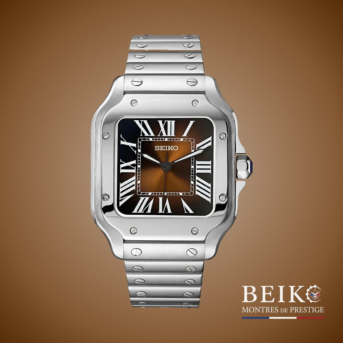 Seiko Mod Santos, boîtier carré acier chocolat — montre automatique NH35, verre saphir, boîtier acier, Beiko