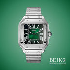 Seiko Mod Santos, boîtier carré acier vert — montre automatique NH35, verre saphir, boîtier acier, Beiko