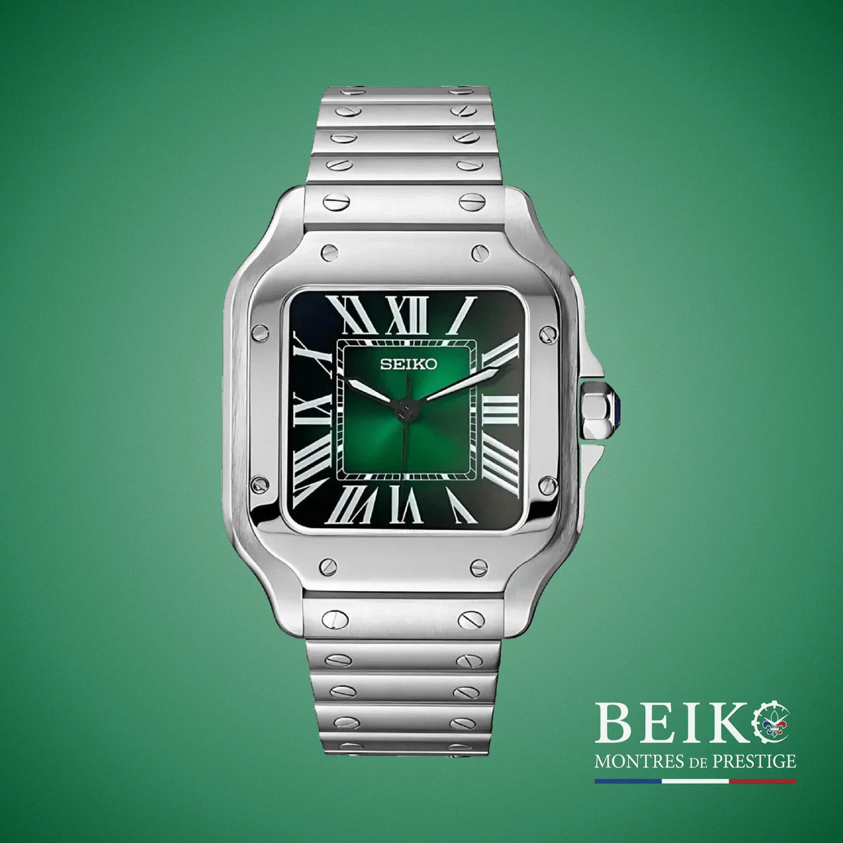 Seiko Mod Santos, boîtier carré acier vert — montre automatique NH35, verre saphir, boîtier acier, Beiko