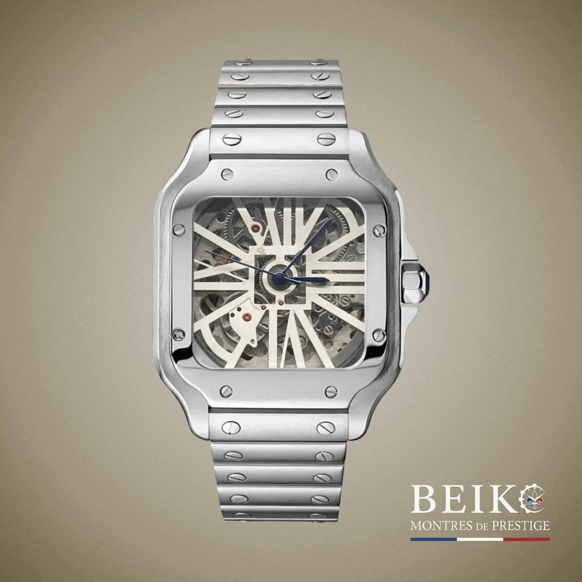 Seiko Mod Santos, cadran squelette argent — montre automatique NH35, verre saphir, boîtier acier, Beiko