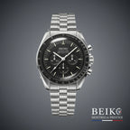 Seiko Mod Speedmaster, boîtier et cadran noir — montre méca-quartz VK63, verre saphir, boîtier acier, Beiko