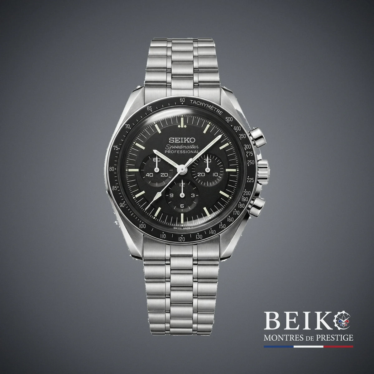 Seiko Mod Speedmaster, boîtier et cadran noir — montre méca-quartz VK63, verre saphir, boîtier acier, Beiko