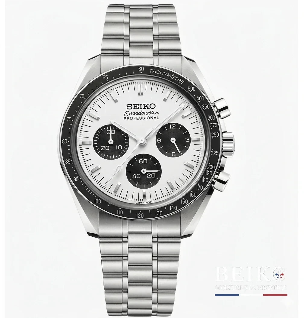 Seiko Mod Speedmaster, cadran panda compteurs noirs blanc panda — montre méca-quartz VK63, verre saphir, boîtier acier, Beiko