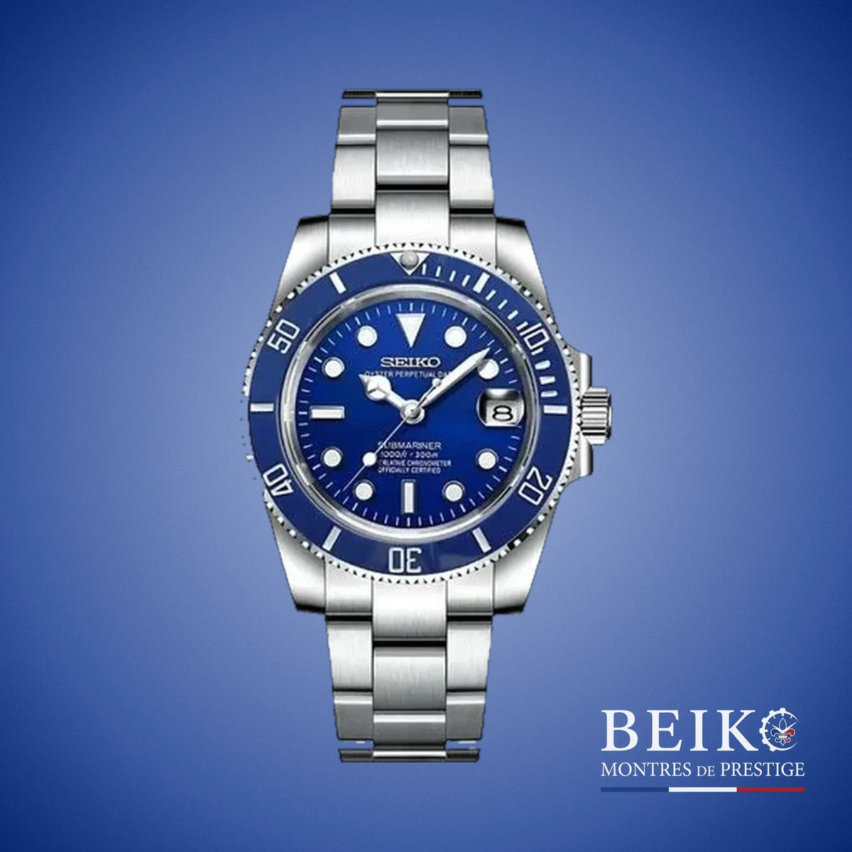 Seiko Mod Submariner, boîtier acier bleu nuit — montre automatique NH35, verre saphir, boîtier acier, Beiko
