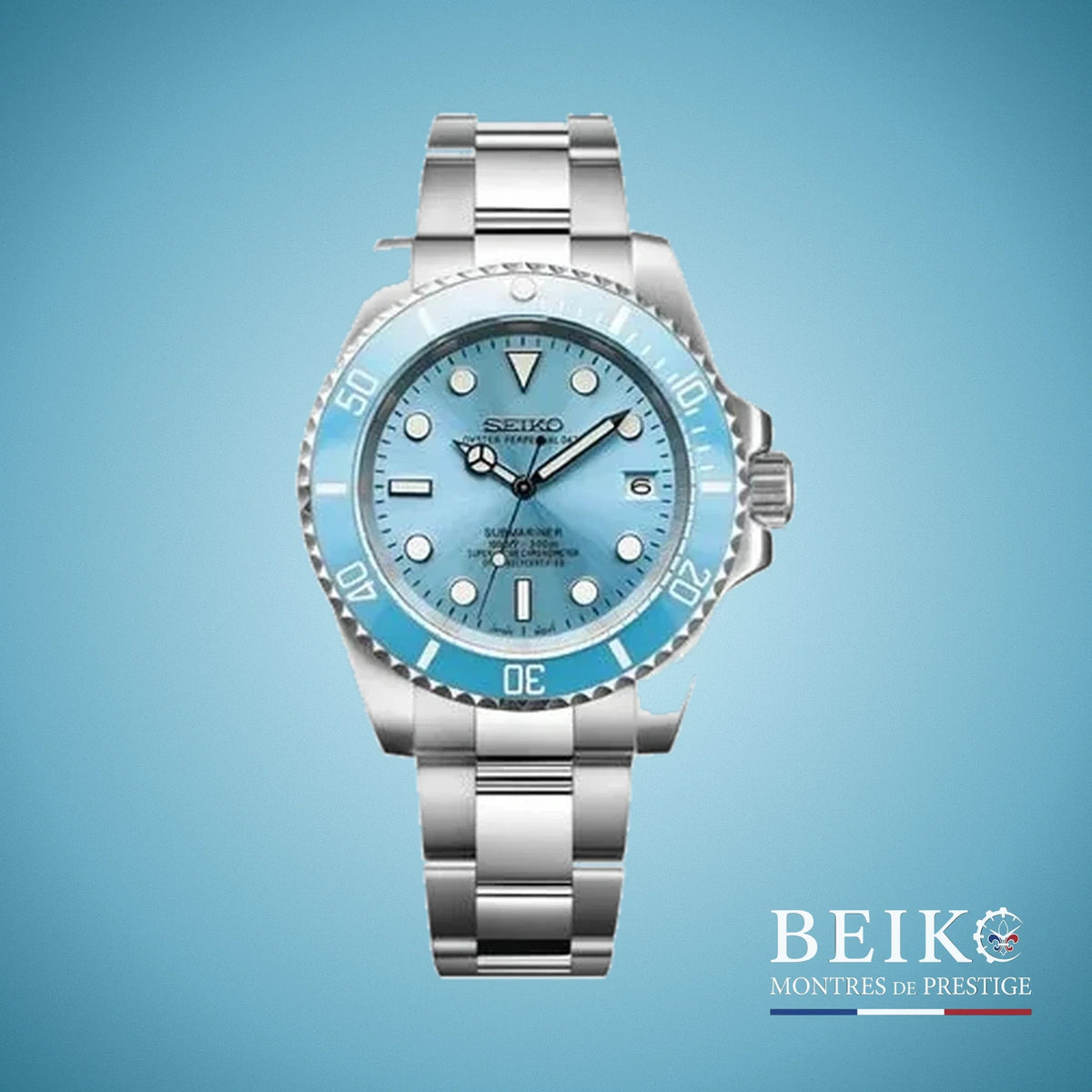 Seiko Mod Submariner, boîtier acier bleu Tiffany — montre automatique NH35, verre saphir, boîtier acier, Beiko