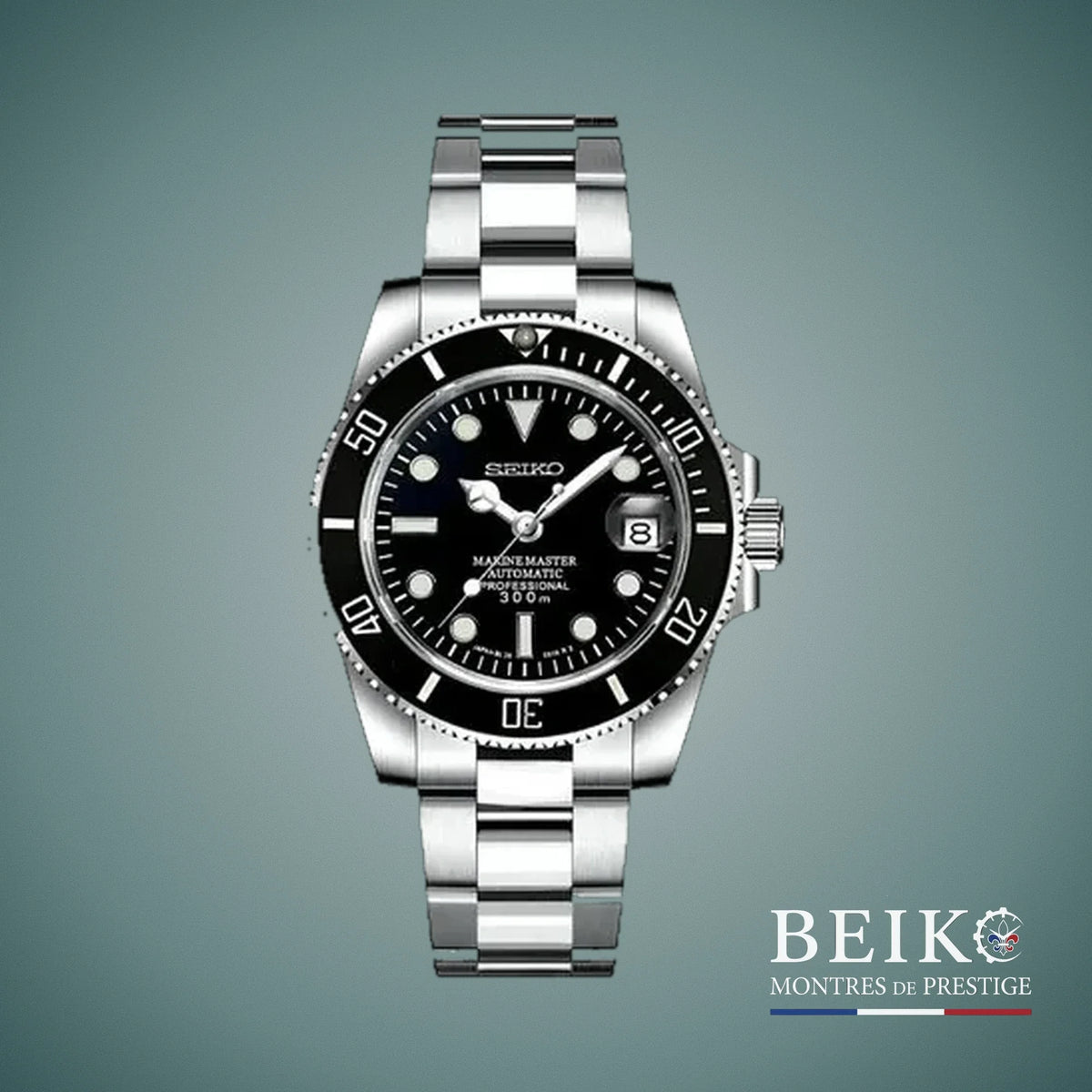 Seiko Mod Submariner, boîtier acier noir — montre automatique NH35, verre saphir, boîtier acier, Beiko