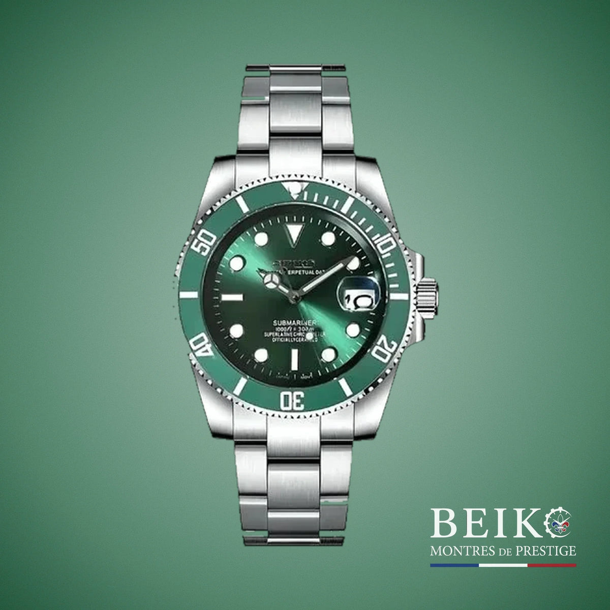 Seiko Mod Submariner, cadran et lunette vert hulk vert — montre automatique NH35, verre saphir, boîtier acier, Beiko