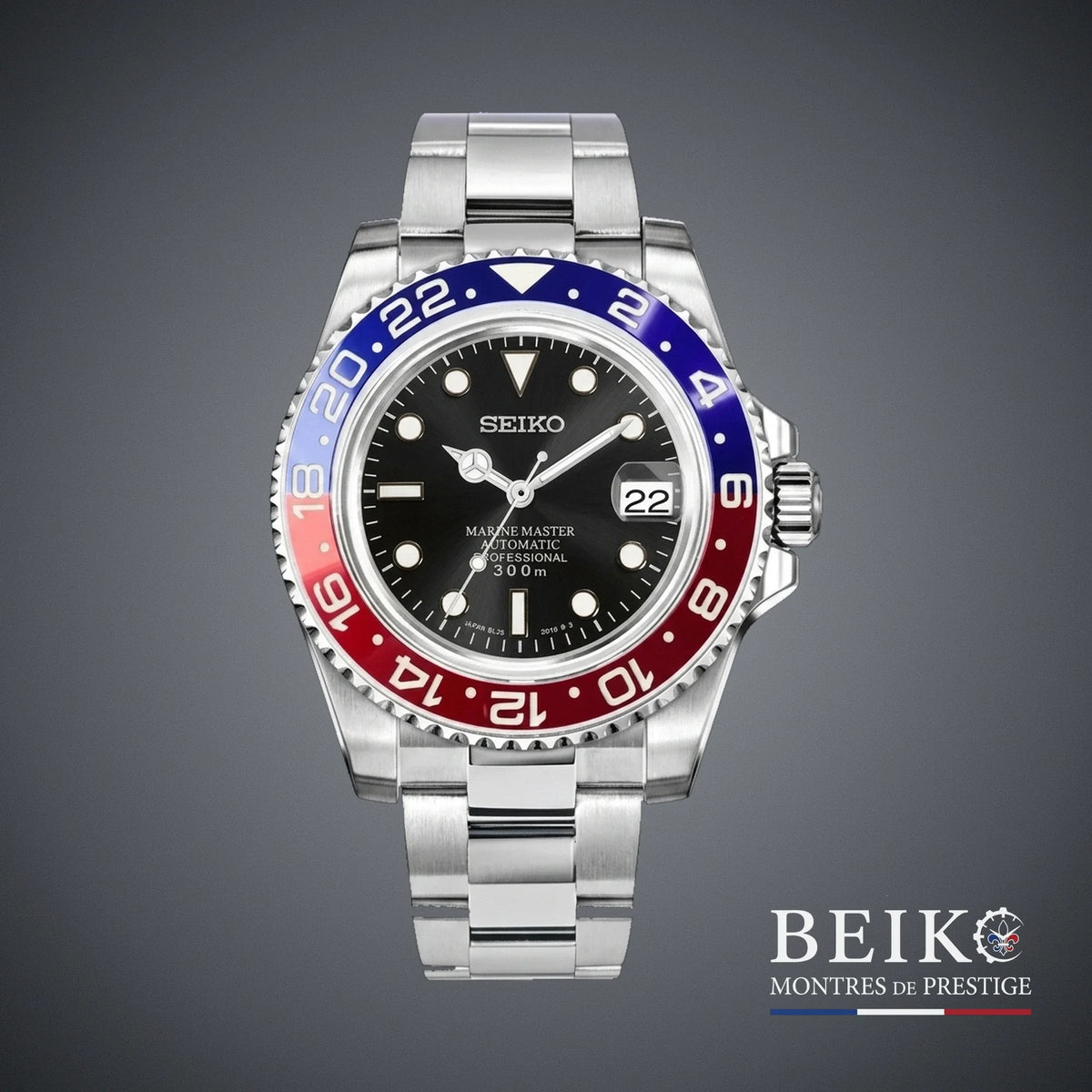 Seiko Mod Submariner, lunette bicolore pepsi noir — montre automatique NH35, verre saphir, boîtier acier, Beiko
