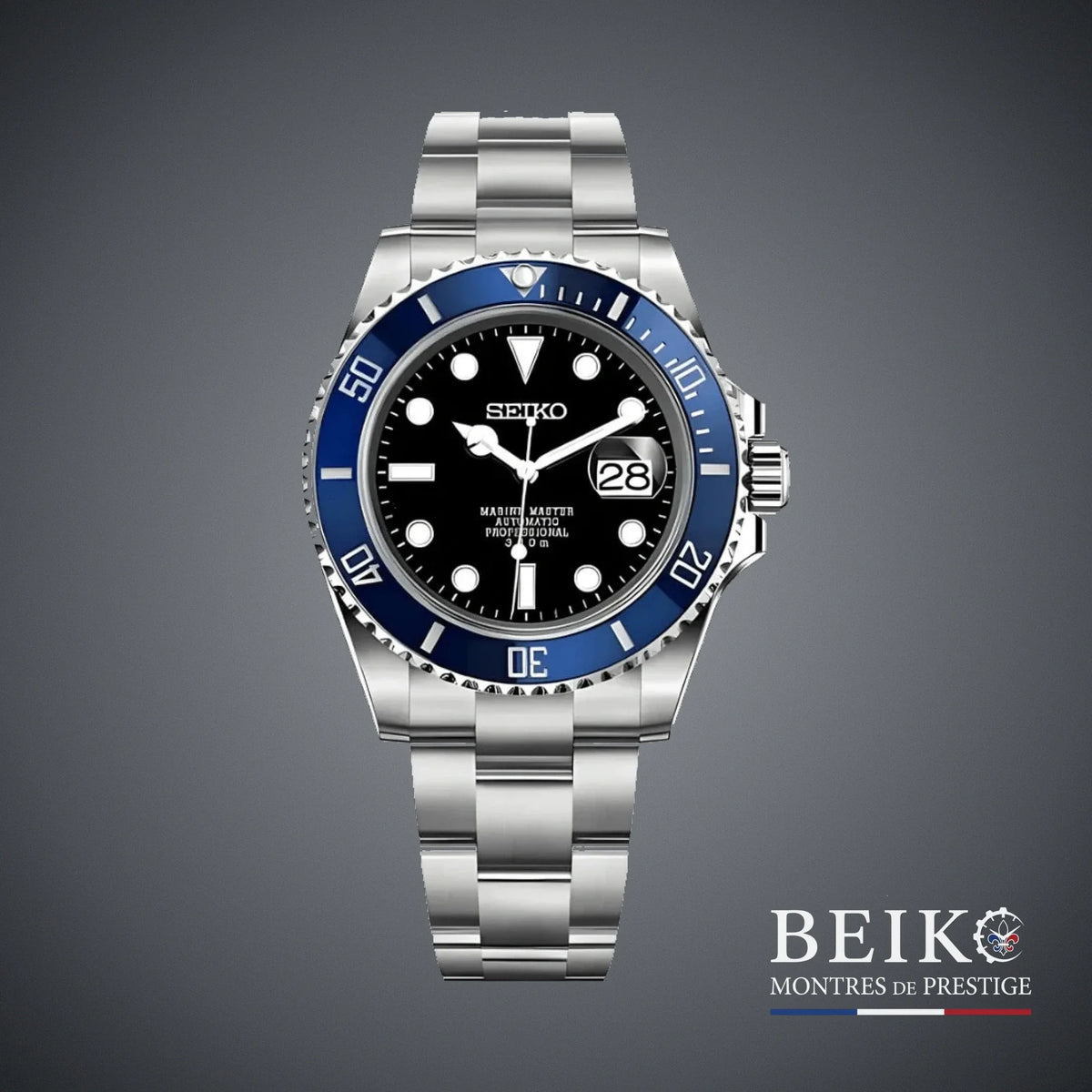 Seiko Mod Submariner, lunette bleu et noir bleu noir — montre automatique NH35, verre saphir, boîtier acier, Beiko