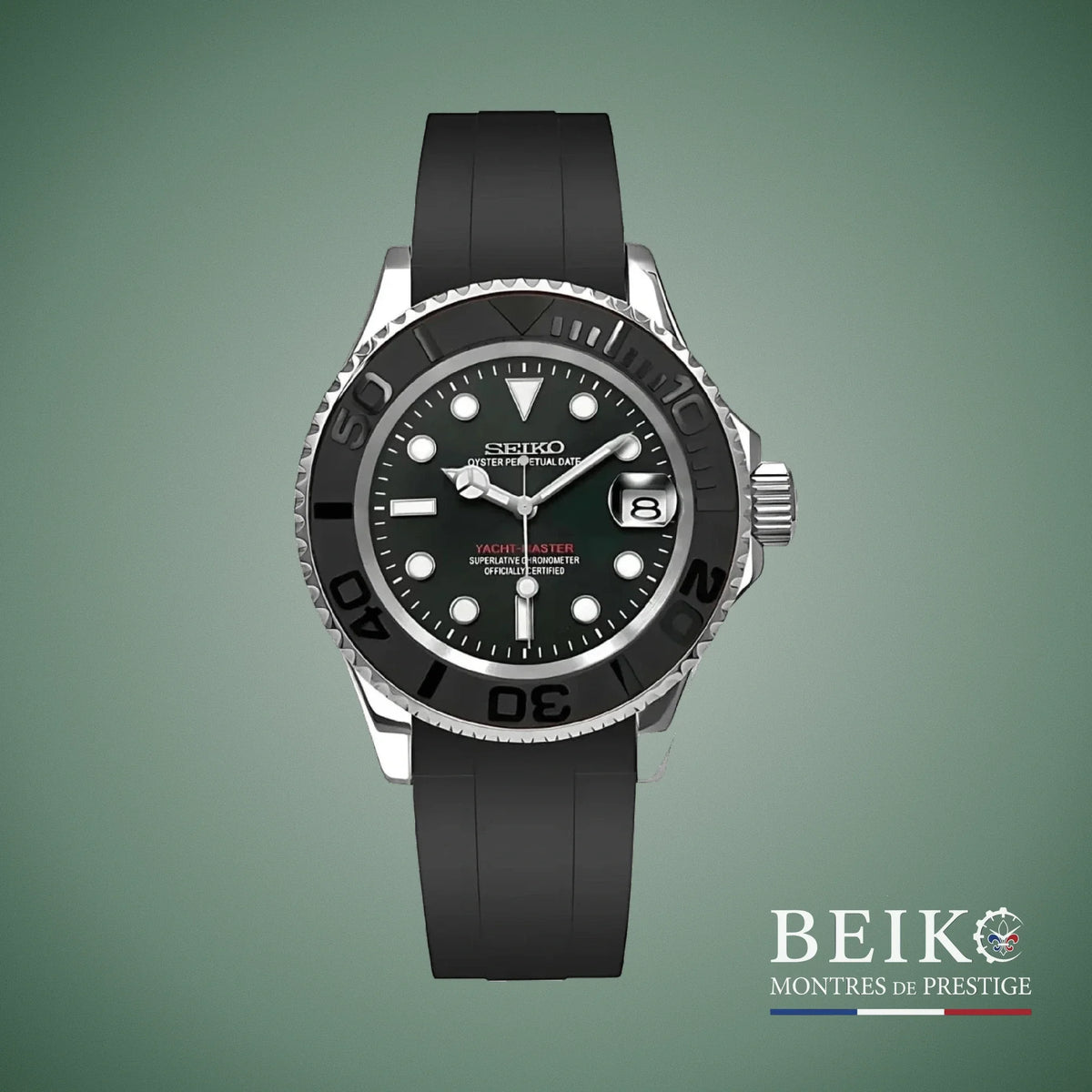 Seiko Mod Yacht-Master, bracelet silicone boîtier argent noir argent — montre automatique NH35, verre saphir, boîtier acier, Beiko