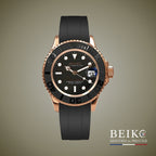 Seiko Mod Yacht-Master, bracelet silicone boîtier or rose noir — montre automatique NH35, verre saphir, boîtier acier, Beiko
