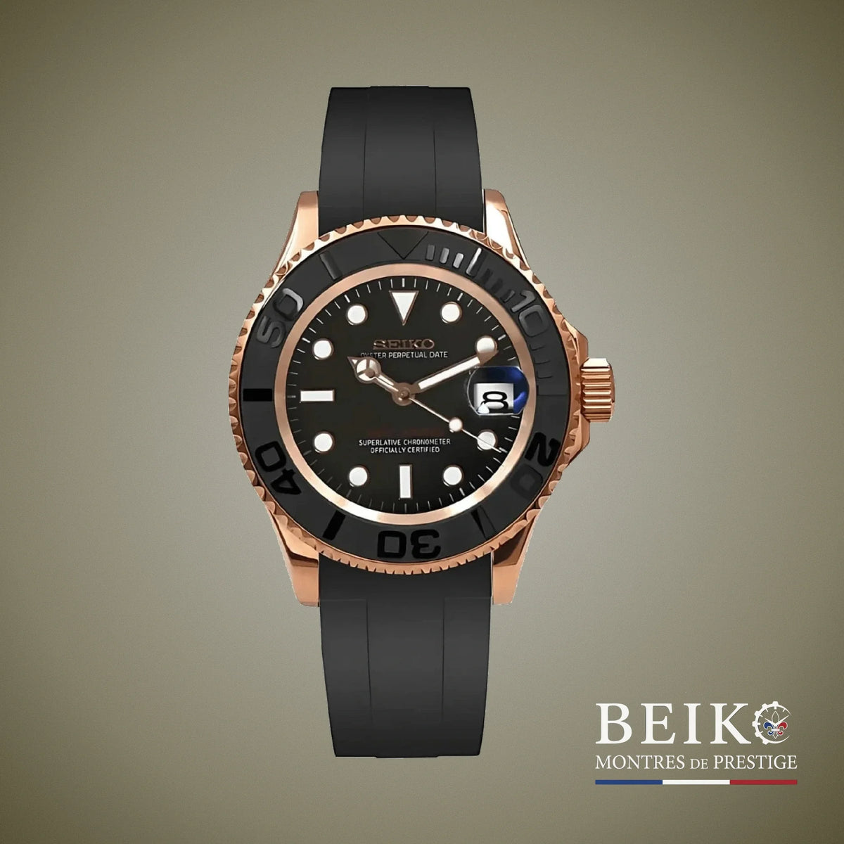 Seiko Mod Yacht-Master, bracelet silicone boîtier or rose noir — montre automatique NH35, verre saphir, boîtier acier, Beiko